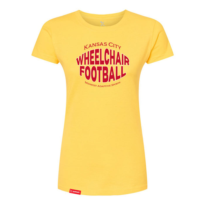 MAS Kansas City Wheelchair Football Warp Women's Yellow & Red Slim T-Shirt on a white background