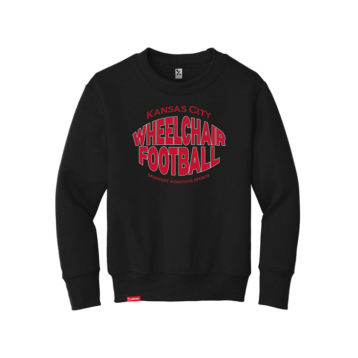MAS Kansas City Wheelchair Football Warp Youth Black & Red Crewneck Sweatshirt on a white background