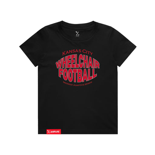 MAS Kansas City Wheelchair Football Warp Youth Black T-Shirt on a white background