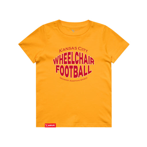 MAS Kansas City Wheelchair Football Warp Youth Gold & Red T-Shirt on a white background
