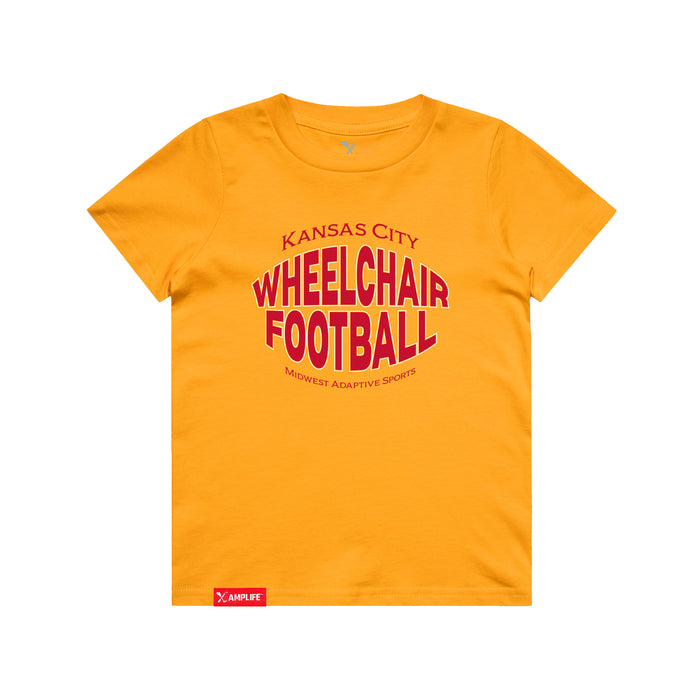 MAS Kansas City Wheelchair Football Warp Youth Gold & Red T-Shirt on a white background