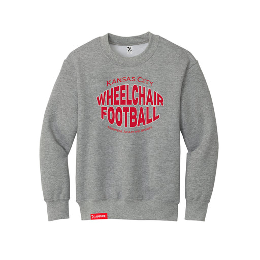 MAS Kansas City Wheelchair Football Warp Youth Heather Grey Crewneck Sweatshirt on a white background