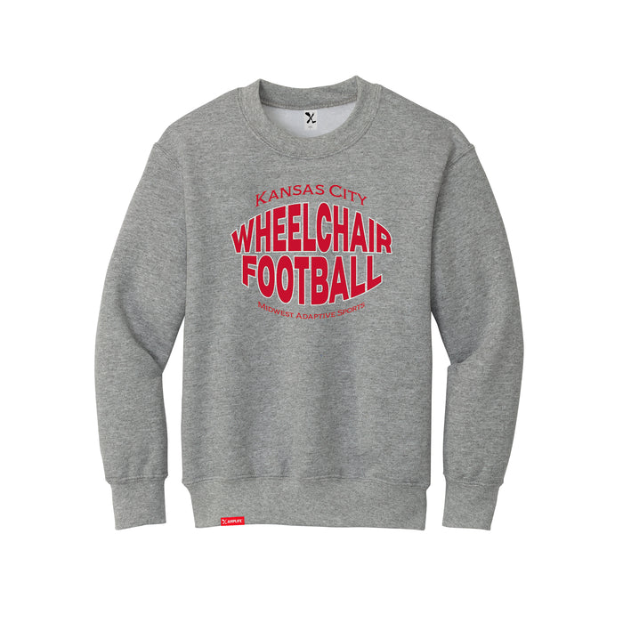 MAS Kansas City Wheelchair Football Warp Youth Heather Grey Crewneck Sweatshirt on a white background