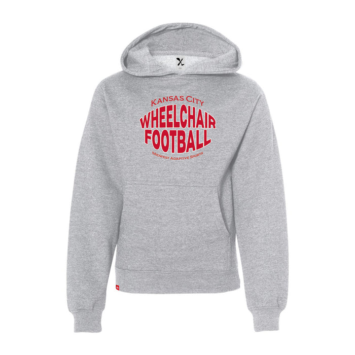 MAS Kansas City Wheelchair Football Warp Youth Heather Grey & Red Hoodie on a white background