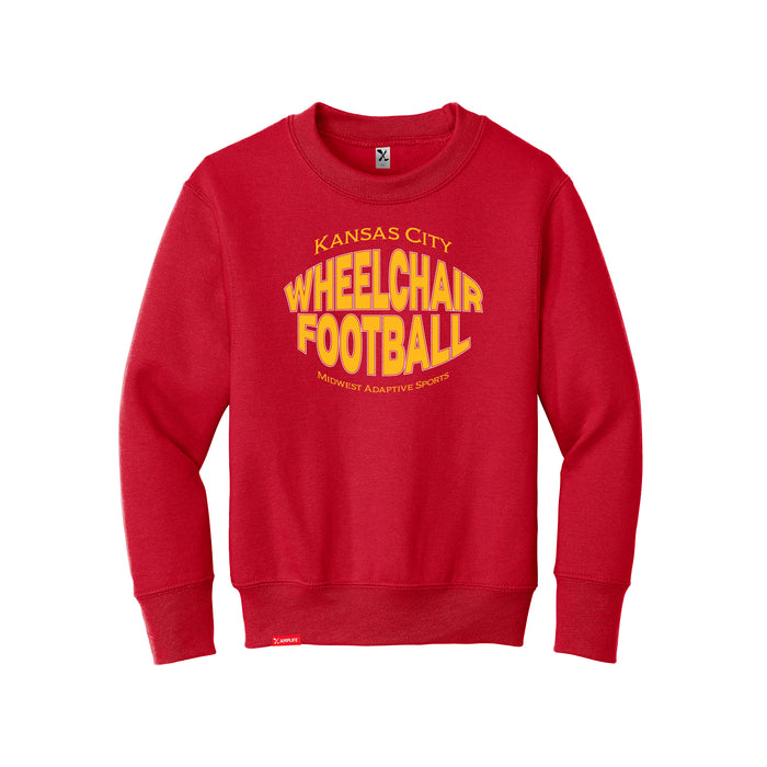 MAS Kansas City Wheelchair Football Warp Youth Red & Gold Crewneck Sweatshirt on a white background