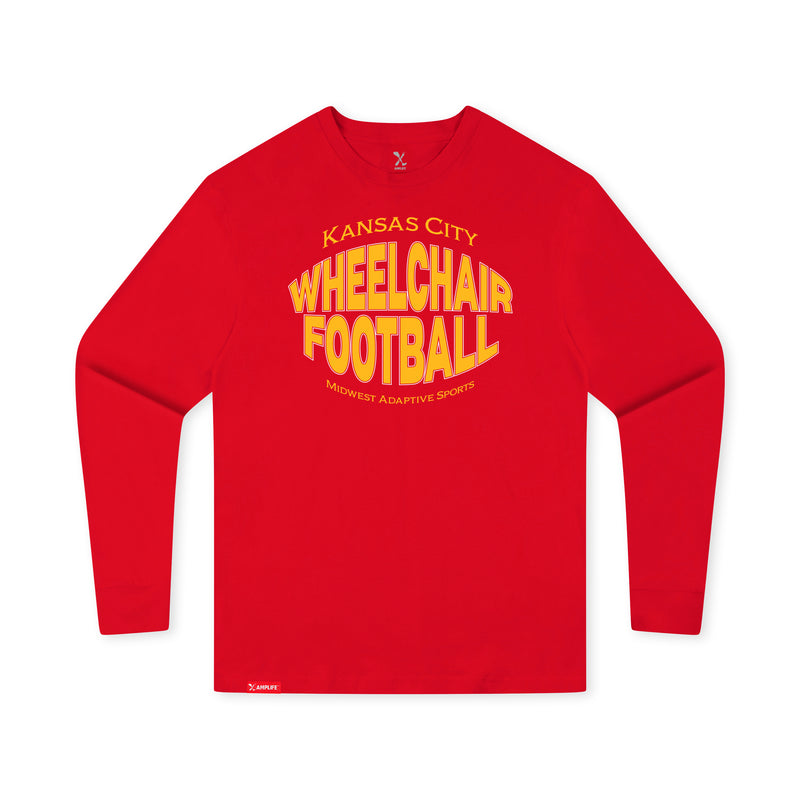 MAS Kansas City Wheelchair Football Warp Youth Red & Gold Long Sleeve T-Shirt on a white background