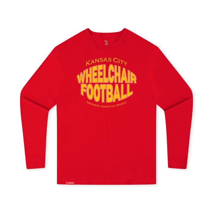 MAS Kansas City Wheelchair Football Warp Youth Red & Gold Long Sleeve T-Shirt on a white background