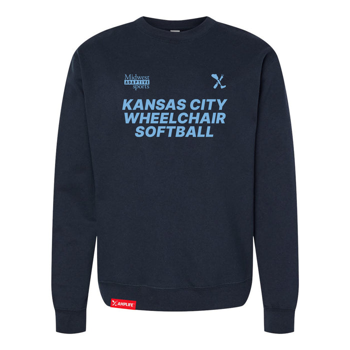 MAS Kansas City Wheelchair Softball Classic Navy Crewneck Sweatshirt on a white background