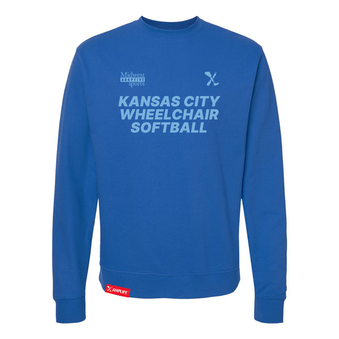 MAS Kansas City Wheelchair Softball Royal Crewneck Sweatshirt on a white background