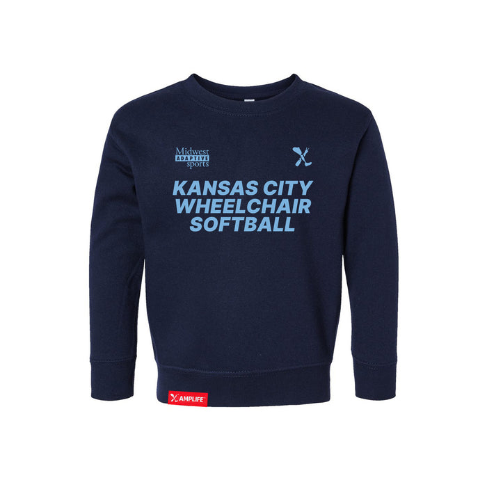 MAS Kansas City Wheelchair Softball Toddler Navy Crewneck Sweatshirt on a white background