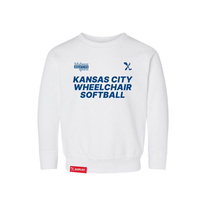 MAS Kansas City Wheelchair Softball Toddler White Crewneck Sweatshirt on a white background