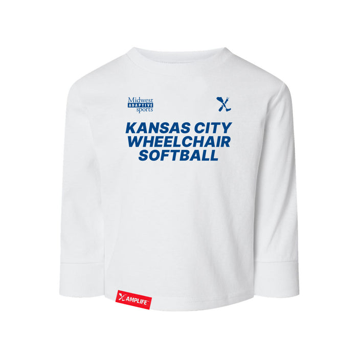 MAS Kansas City Wheelchair Softball Toddler White Long Sleeve T-Shirt on a white background