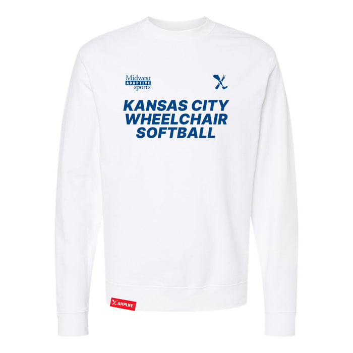 MAS Kansas City Wheelchair Softball White Crewneck Sweatshirt on a white background