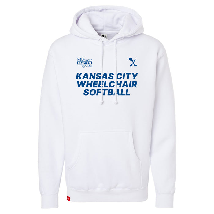 MAS Kansas City Wheelchair Softball White Hoodie on a white background