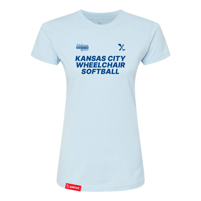 MAS Kansas City Wheelchair Softball Women's Baby Blue Slim T-Shirt on a white background