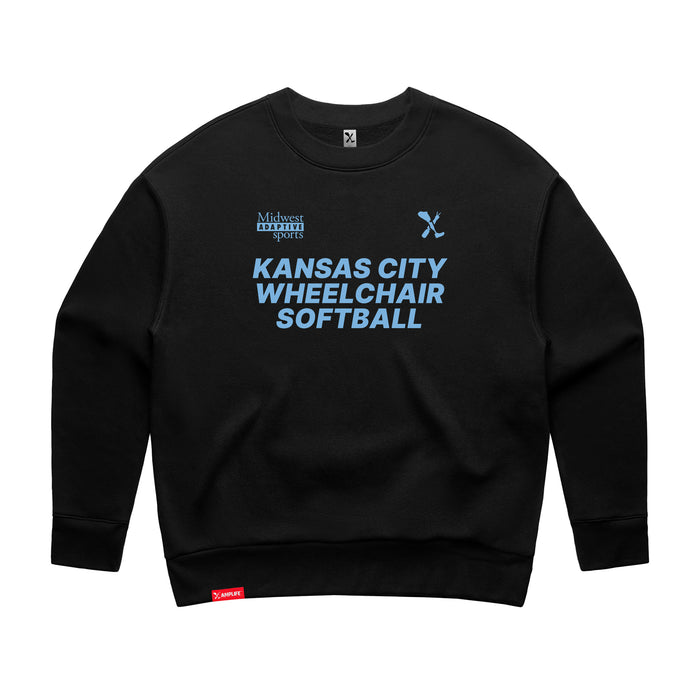 MAS Kansas City Wheelchair Softball Women's Black Modern Crewneck Sweatshirt on a white background