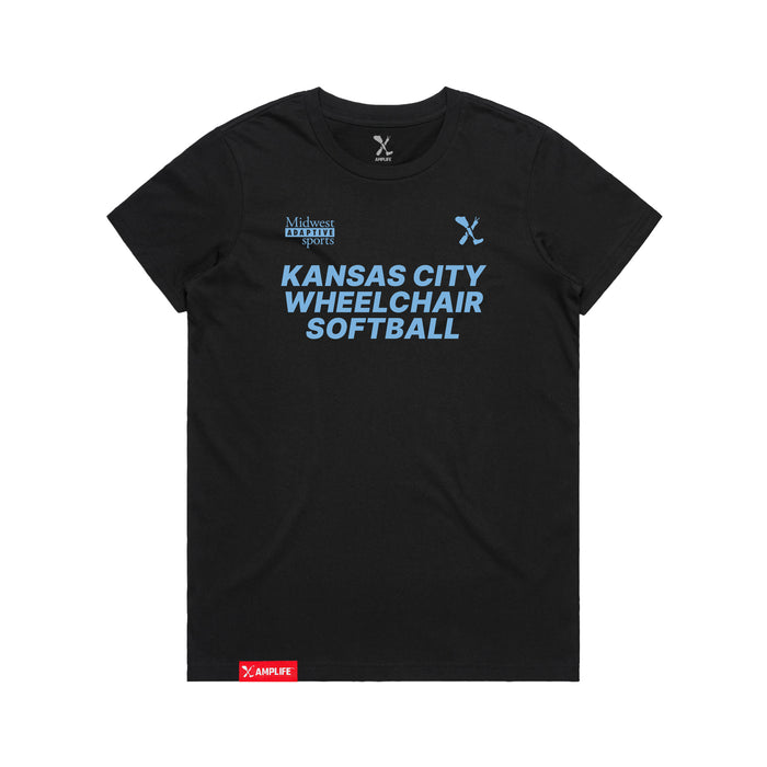MAS Kansas City Wheelchair Softball Women's Black T-Shirt on a white background