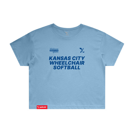 MAS Kansas City Wheelchair Softball Women's Carolina Blue Crop T-Shirt on a white background