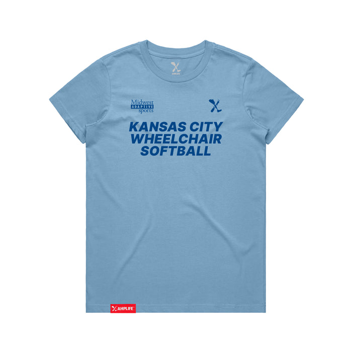 MAS Kansas City Wheelchair Softball Women's Carolina Blue T-Shirt on a white background