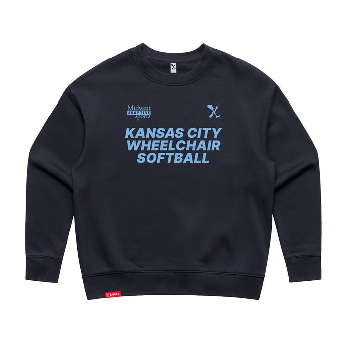 MAS Kansas City Wheelchair Softball Women's Ink Blue Modern Crewneck Sweatshirt on a white background