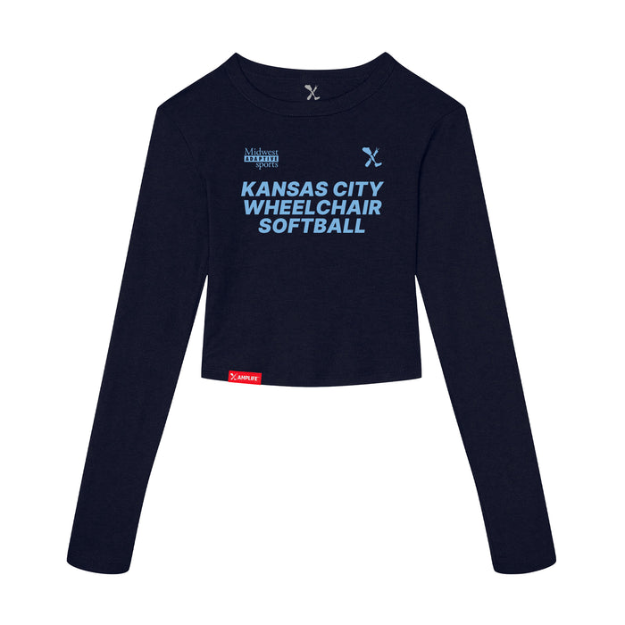 MAS Kansas City Wheelchair Softball Women's Navy Crop Long Sleeve T-Shirt on a white background