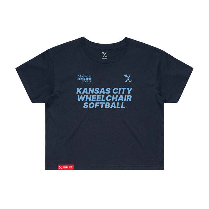 MAS Kansas City Wheelchair Softball Women's Navy Crop T-Shirt on a white background