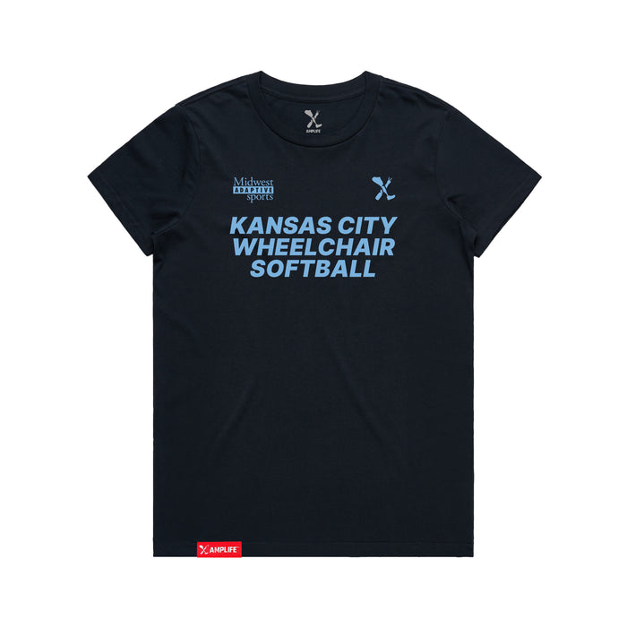 MAS Kansas City Wheelchair Softball Women's Navy T-Shirt on a white background