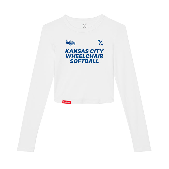 MAS Kansas City Wheelchair Softball Women's White Crop Long Sleeve T-Shirt on a white background