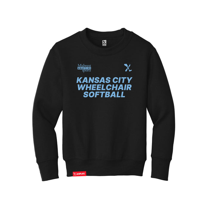 MAS Kansas City Wheelchair Softball Youth Black Crewneck Sweatshirt on a white background