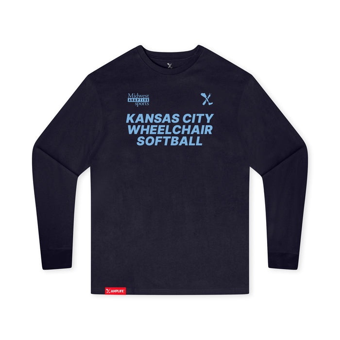 MAS Kansas City Wheelchair Softball Youth Navy Long Sleeve T-Shirt on a white background