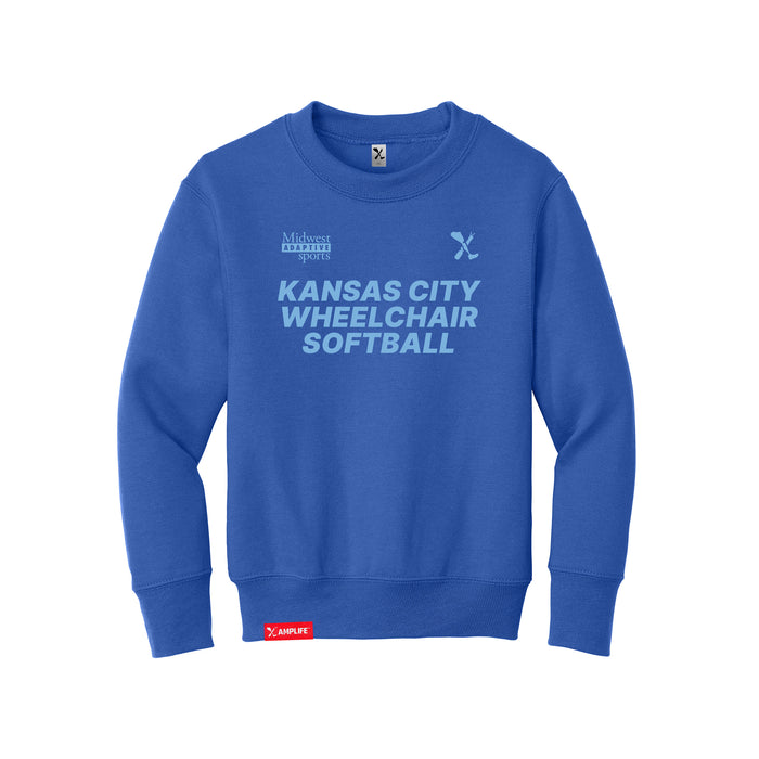 MAS Kansas City Wheelchair Softball Youth Royal Crewneck Sweatshirt on a white background