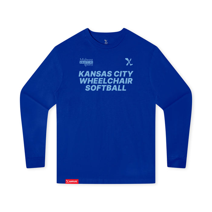 MAS Kansas City Wheelchair Softball Youth Royal Long Sleeve T-Shirt on a white background