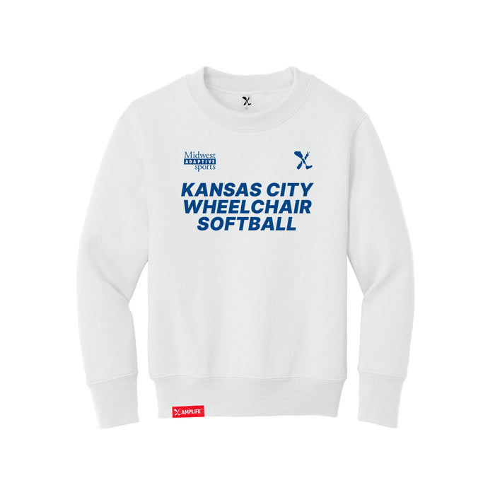 MAS Kansas City Wheelchair Softball Youth White Crewneck Sweatshirt on a white background