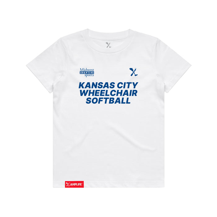 MAS Kansas City Wheelchair Softball Youth White T-Shirt on a white background