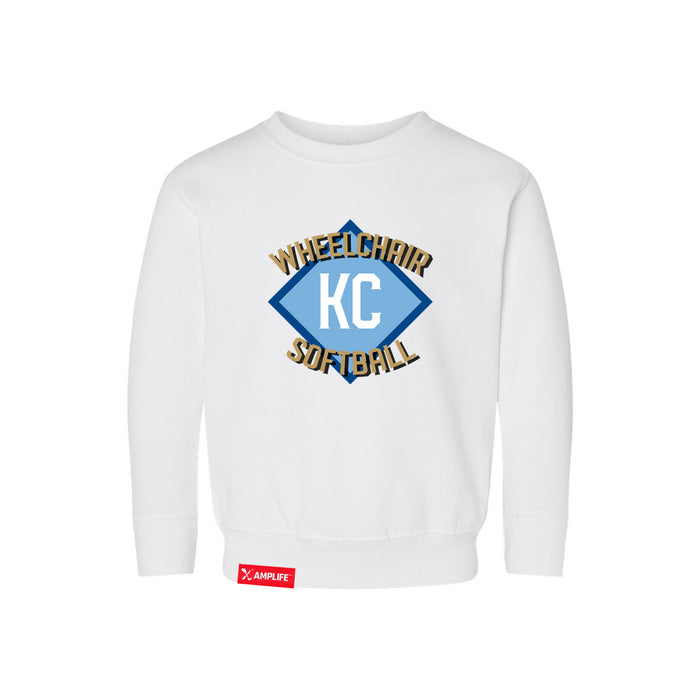 MAS Kansas City Wheelchair Softball Diamond Toddler White Crewneck Sweatshirt on a white background