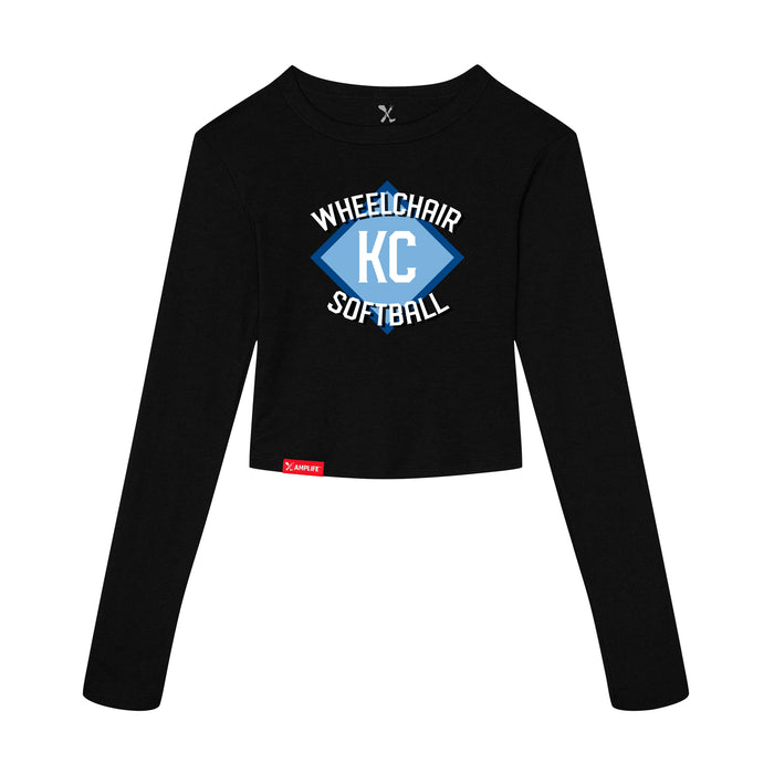 MAS Kansas City Wheelchair Softball Diamond Women's Black Crop Long Sleeve T-Shirt on a white background