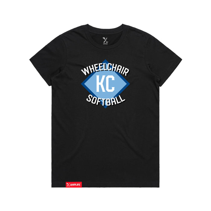 MAS Kansas City Wheelchair Softball Diamond Women's Black T-Shirt on a white background