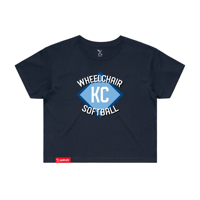 MAS Kansas City Wheelchair Softball Diamond Women's Navy Crop T-Shirt on a white background