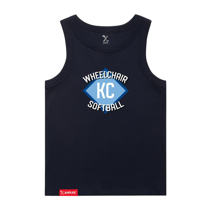 MAS Kansas City Wheelchair Softball Diamond Women's Navy Organic Tank Top on a white background