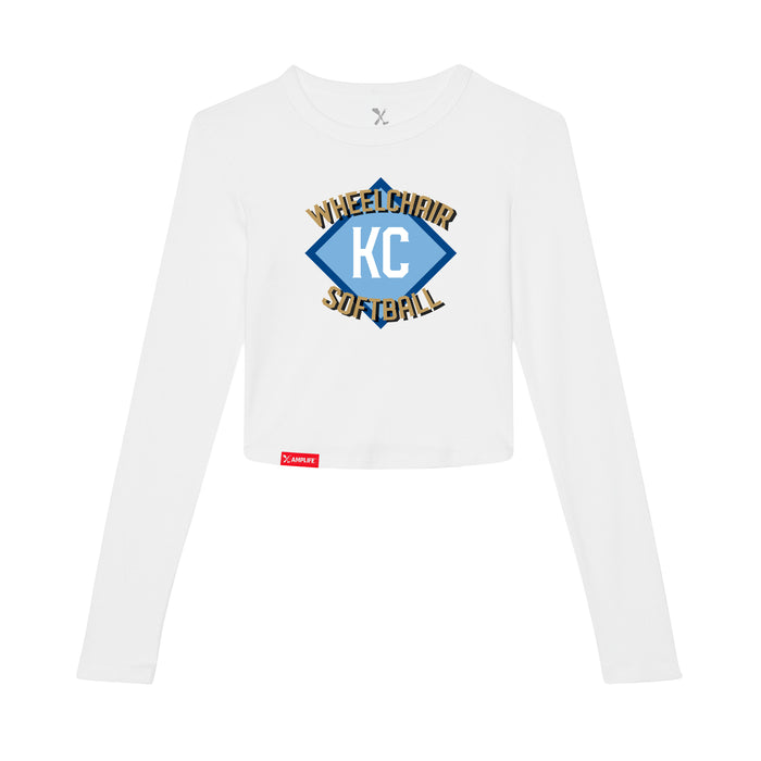 MAS Kansas City Wheelchair Softball Diamond Women's White Crop Long Sleeve T-Shirt on a white background