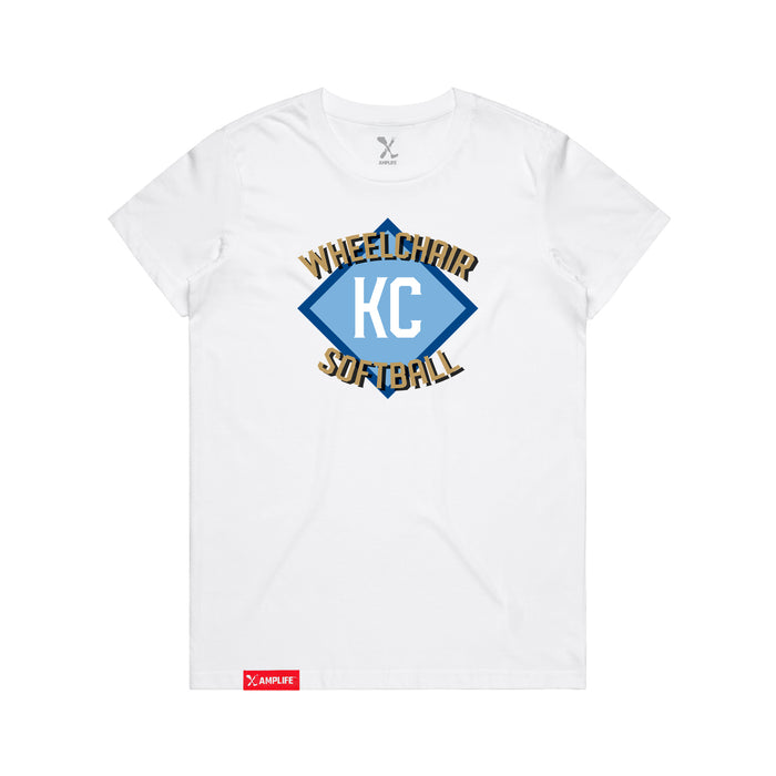 MAS Kansas City Wheelchair Softball Diamond Women's White T-Shirt on a white background