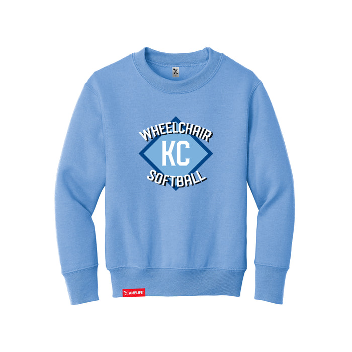 MAS Kansas City Wheelchair Softball Diamond Youth Carolina Blue Crewneck Sweatshirt on a white background