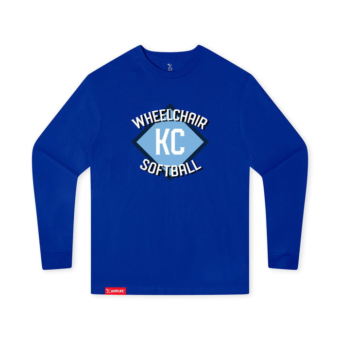 MAS Kansas City Wheelchair Softball Diamond Youth Royal Long Sleeve T-Shirt on a white background