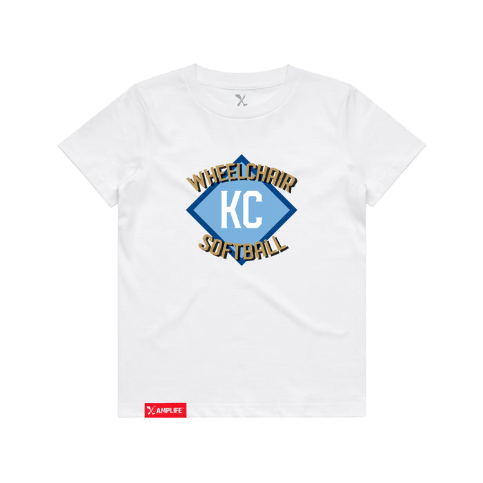 MAS Kansas City Wheelchair Softball Diamond Youth White T-Shirt on a white background
