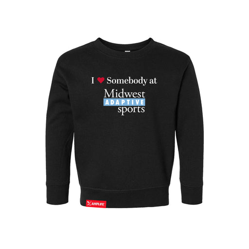 MAS Kansas City Wheelchair Softball I Love Somebody at MAS Toddler Black Crewneck Sweatshirt on a white background