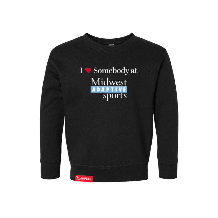 MAS Kansas City Wheelchair Softball I Love Somebody at MAS Toddler Black Crewneck Sweatshirt on a white background