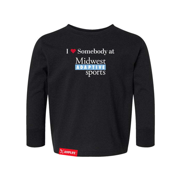 MAS Kansas City Wheelchair Softball I Love Somebody at MAS Toddler Black Long Sleeve T-Shirt on a white background