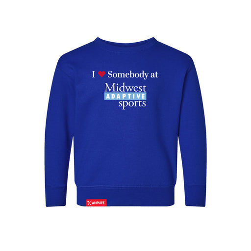 MAS Kansas City Wheelchair Softball I Love Somebody at MAS Toddler Royal Crewneck Sweatshirt on a white background