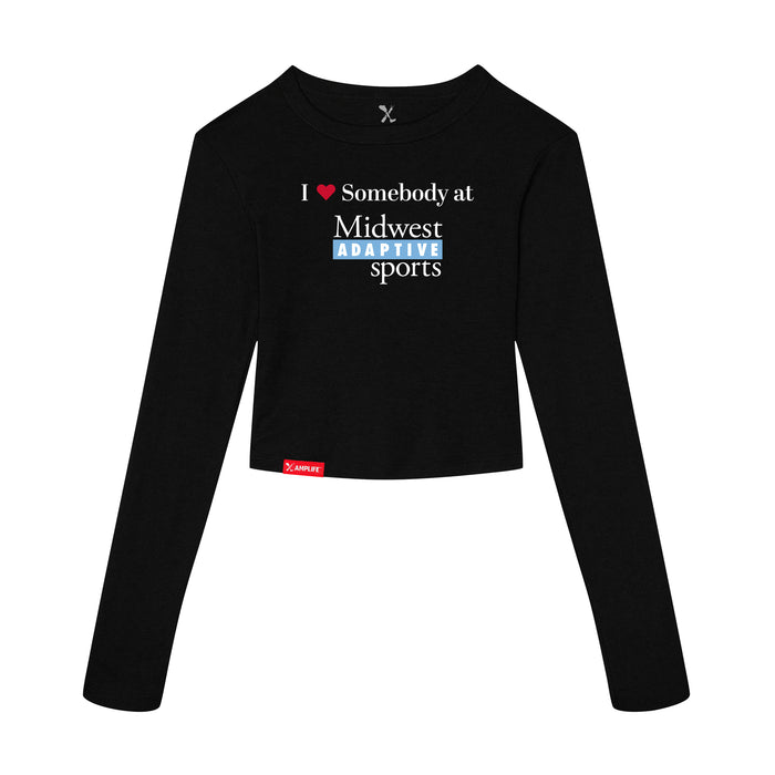 MAS Kansas City Wheelchair Softball I Love Somebody at MAS Women's Black Crop Long Sleeve T-Shirt on a white background