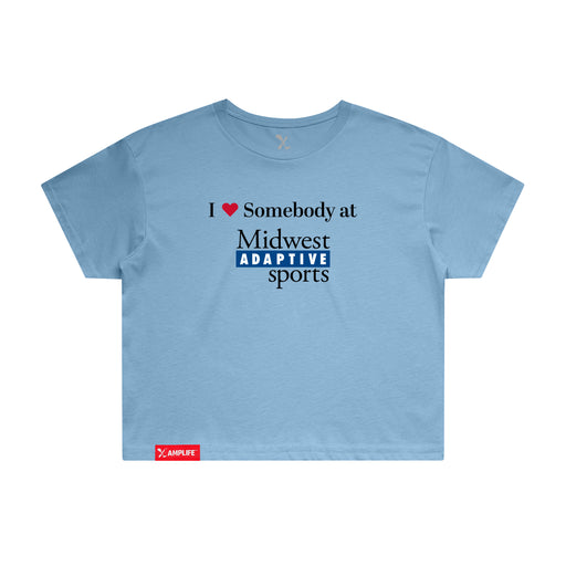 MAS Kansas City Wheelchair Softball I Love Somebody at MAS Women's Carolina Blue Crop T-Shirt on a white background
